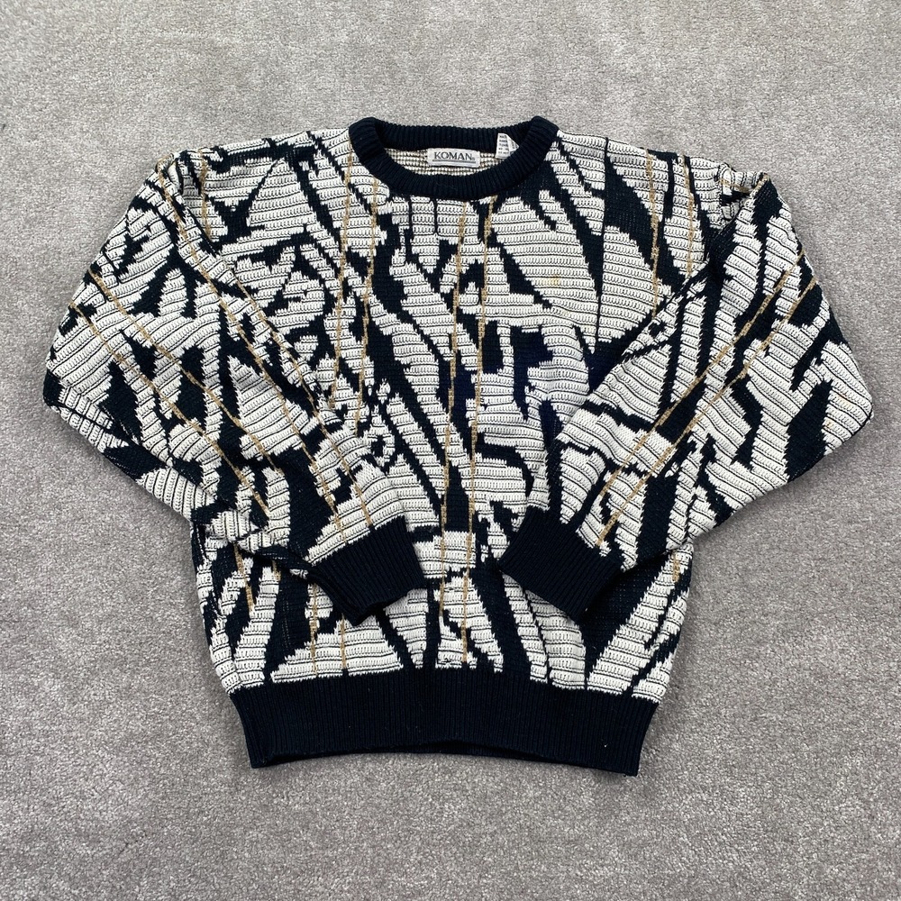 KOMAN Crazy Abstract Zig Zag Pattern Knitted Sweater Men's Size‎ S White Black